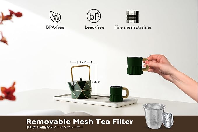 Toptier Mini Tea Kettle, Super Small Palm-sized Teapot, Stovetop Safe Japanese Cast Iron Tea Kettle, Diamond Design Tea Pot with Removable Infuser for Loose Tea, 11 Ounce (325 ml), Dark Green