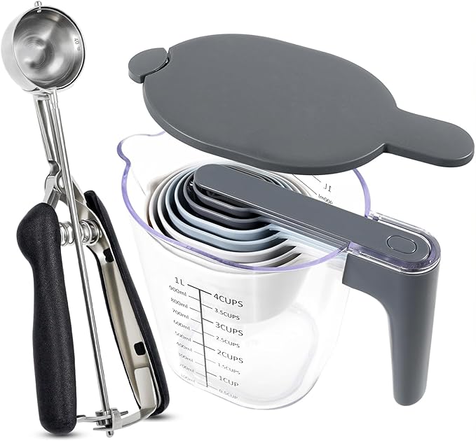 Measuring Cups and Spoons set 11-Piece, Stackable Measuring Cup with Lid and Cookie Scoop (#40), BPA Free, Dishwasher Safe, Cooking Baking Gadgets