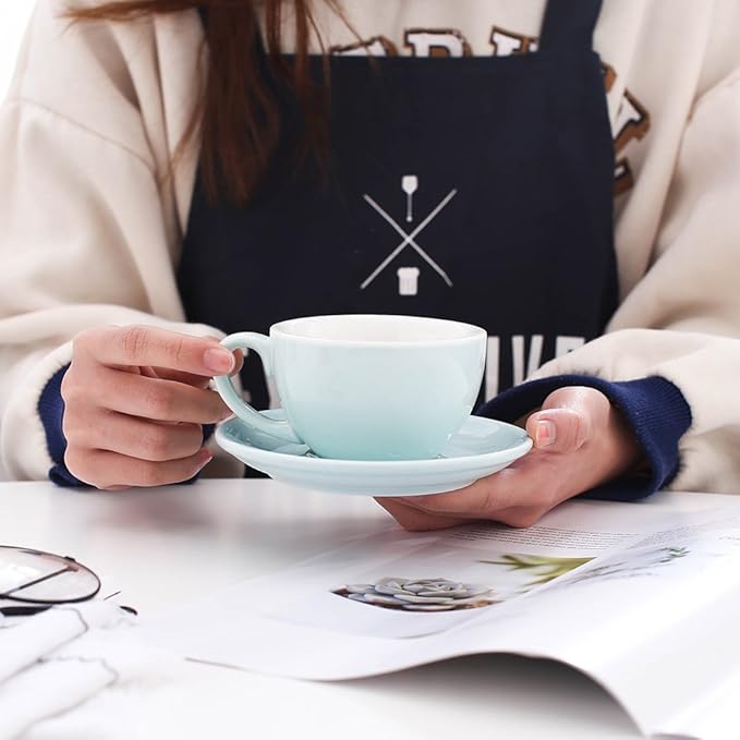 Cappuccino Barista Latte Art Cup and Saucer New Bone China for Coffee Shop (Glossy Light Blue, 8.5 oz)