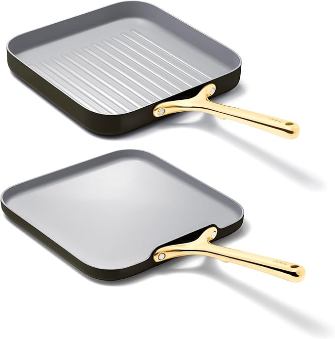 Caraway Griddle Pan & Grill Pan Duo - Non-Stick Ceramic Coated - Non Toxic, PTFE & PFOA Free - Oven Safe & Compatible with All Stovetops – Black