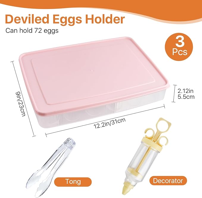 3 Pcs 72 Count Deviled Egg Containers with Lid, Portable Storage Carrier Egg Holder with Deviled Egg Injector, Stackable Deviled Egg Tray Plastic Egg Organizer for Fridge Easter Party