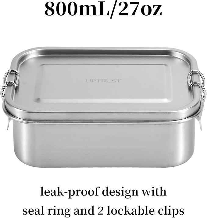 UPTRUST Stainless Steel Lunch Box, 800ML/27oz, Metal Bento Boxes with Lockable Clips t, Adjustable Divider included, Metal Lunch box for Travel & Work