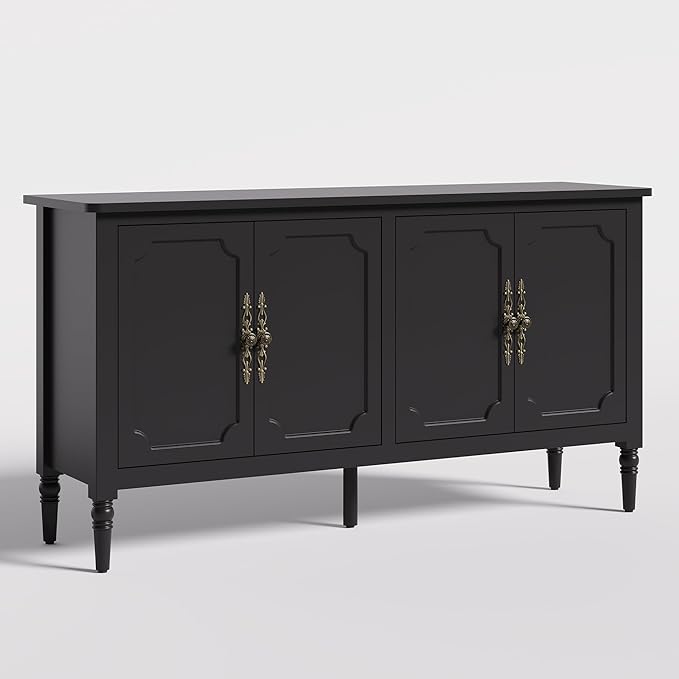 Console Cabinet, 58'' Mid Century Modern Pantry Sideboard, Wood Buffet Cabinet, Media Cabinet with 4 Doors, Accent Cabinet for Entryway, Living Room, Dining Room (Black)