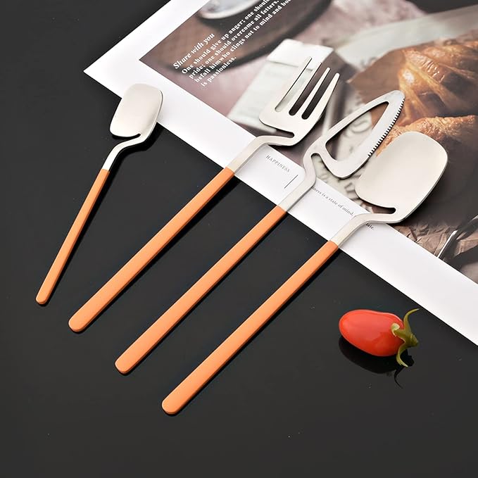 JASHII Silverware Set - 24-Piece Stainless Steel Flatware Set with Satin Finish - Dishwasher Safe - Matte Orange Silver