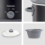 Kenmore Slow Cooker - 5 Lb Chicken 3 Lb Roast Mini Crock Pot With Glass Lid, Stainless Steel Electric Cookers, Warm Rice & Sous Vide Stew, Soup, Lunch, Dishwaher Safe Non-Stick Ceramic Insert, 5 Quart