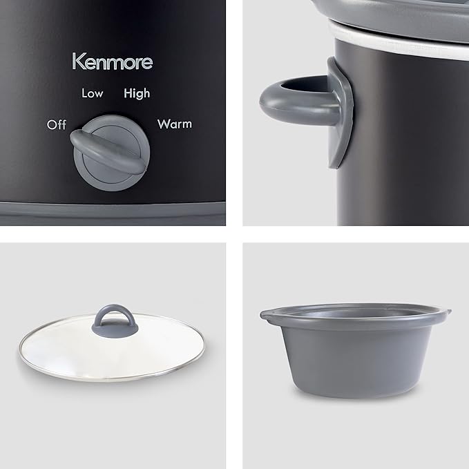 Kenmore Slow Cooker - 5 Lb Chicken 3 Lb Roast Mini Crock Pot With Glass Lid, Stainless Steel Electric Cookers, Warm Rice & Sous Vide Stew, Soup, Lunch, Dishwaher Safe Non-Stick Ceramic Insert, 5 Quart