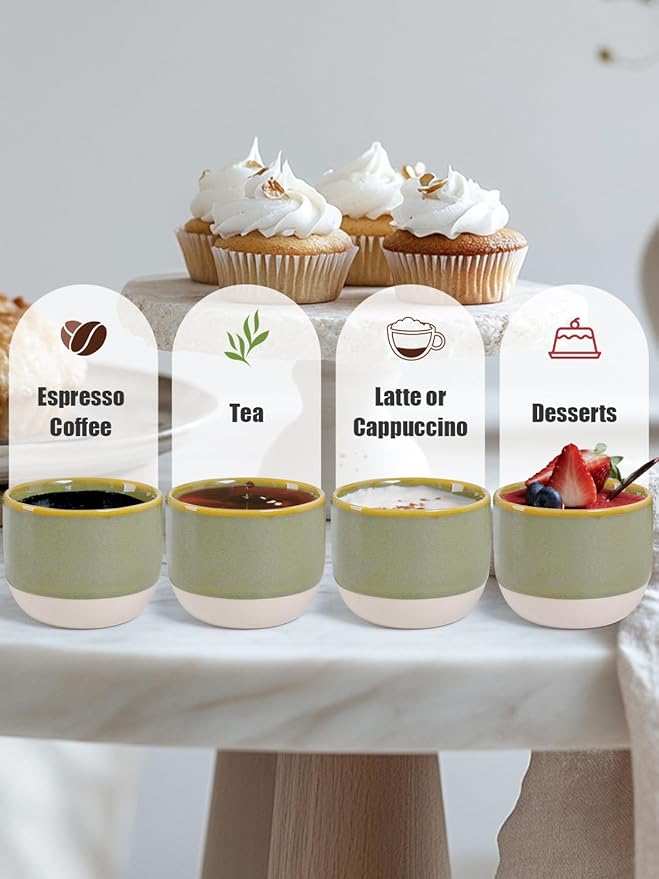 INGOFIN Ceramic Espresso Cup Set of 4-4.2 oz Espresso Cup for Coffee and Tea, Modern Porcelain Glazed Demitasse Cups, Microwave Dishwasher Safe Mugs, Suit for Espresso Machine, Green