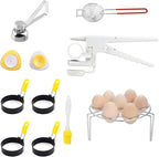 11 Pcs egg peeler tools for hard boiled eggs and Frying Eggs, Cooked eggs and a shell remover kit with 4 Egg Rings, 2 Egg Piercers, 1 Egg Cracker, 1 Egg Cutter, 1 Egg Separator, 1 Egg Steaming Rack.