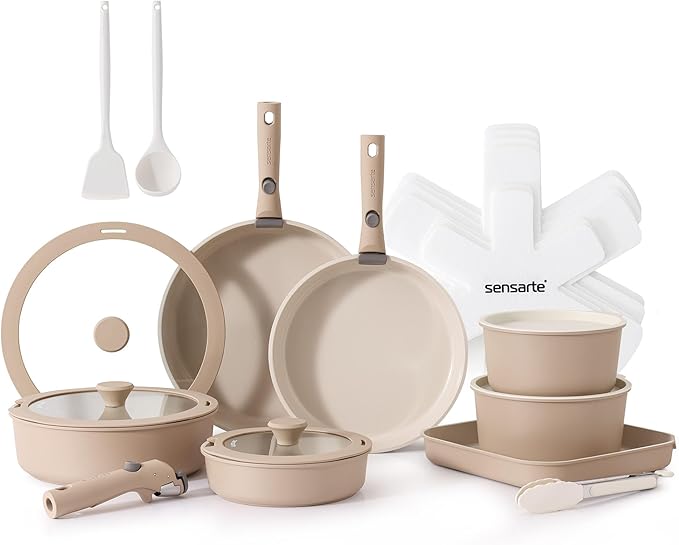 SENSARTE 24 Piece Ceramic Pots and Pans Set, Nonstick Detachable Handle Cookware, Induction Cookware Set with Removable Handle, Healthy Non Stick for RV, Dishwasher＆Oven Safe, PFOA Free (Almond Beige)