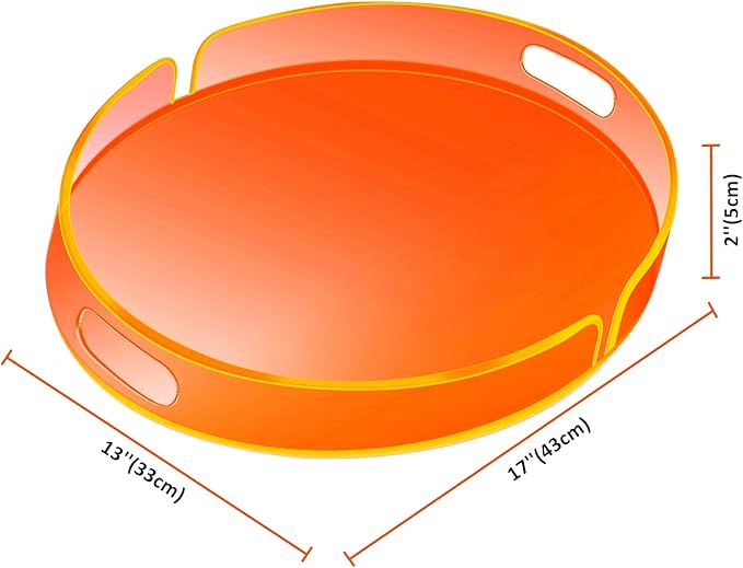 Acrylic Serving Tray with Handles Large Decorative Ottoman Tray 17x13'' Round for Bathroom Food Coffee Fruit Snack Tea Dinner Living Room, Neon Orange