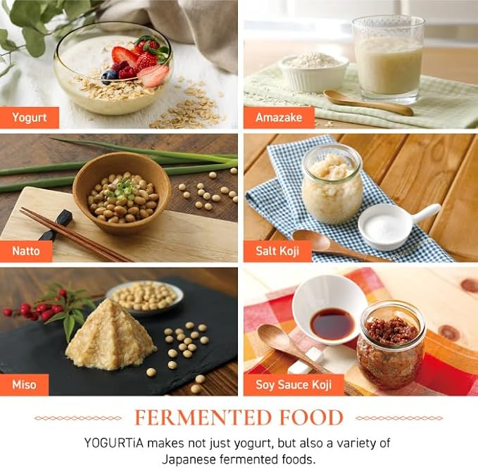[TANICA] YOGURTiA Fermented Food Maker (1.1L, White, Made in Japan) - Yogurt, Miso, Amazake, Soy Sauce Koji, 2 Glass Pots + Onsen Eggs Stand + Recipes