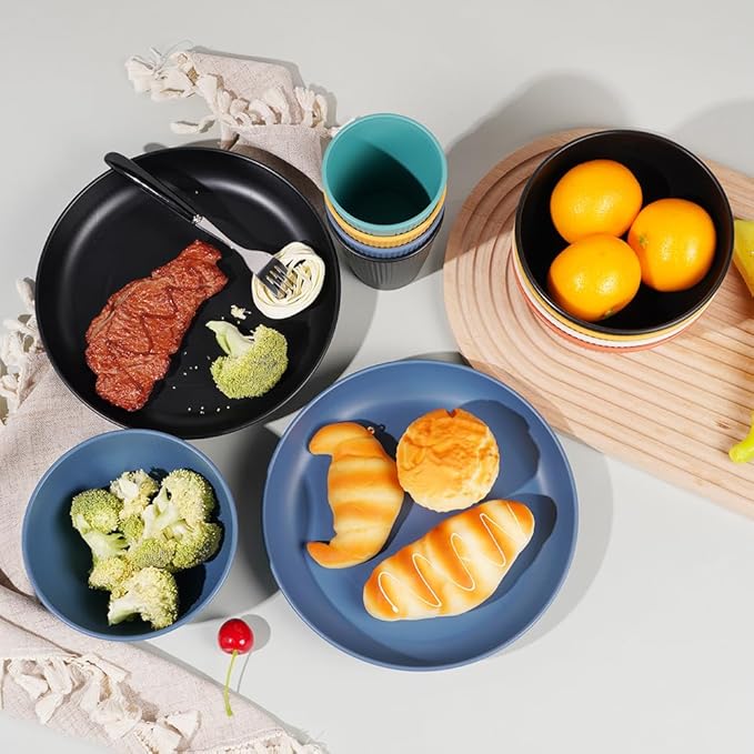 18pcs Wheat Straw Dinnerware Sets HXYPN Unbreakable Dinnerware Set Kitchen Plates and Bowls Set Plastic Plates Reusable Dishwasher and Microwave Safe