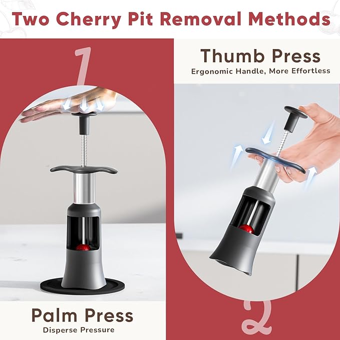 2 in 1 Cherry Pitter Remover Tool, Premium Quick Release Cherry Pitter, Press & Push Type, Large 33mm Cherry Seed Remover, Durable, Food Grade Stainless Steel & PP Plastic