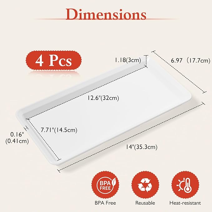 Extra Large Serving Tray Melamine Plastic for Party Supplies, 14" x 7" Platters for Serving Food, 4 pcs White Reusable Tray for Veggie, Snack, Fruit, Cookies, Desserts in Kitchen/Pantry Organization