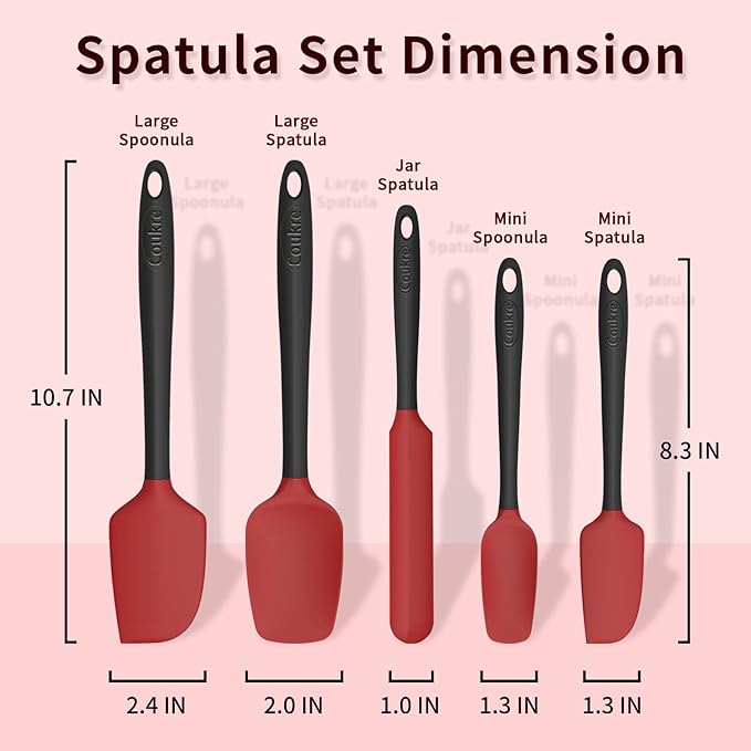Coukre Silicone Spatula Set of 5,High Temperature Resistant, Food Grade Silicone, Dishwasher Safe, for Baking, Cooking (Red)