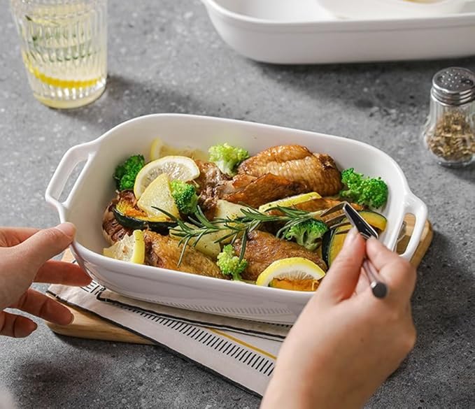 Casserole Dishes for Oven, 12 inch Ceramic Baking Dish Rectangular Lasagna Pan with Handles Ceramic Bakeware Porcelain Baking Pan Microwave and Oven Safe (White)