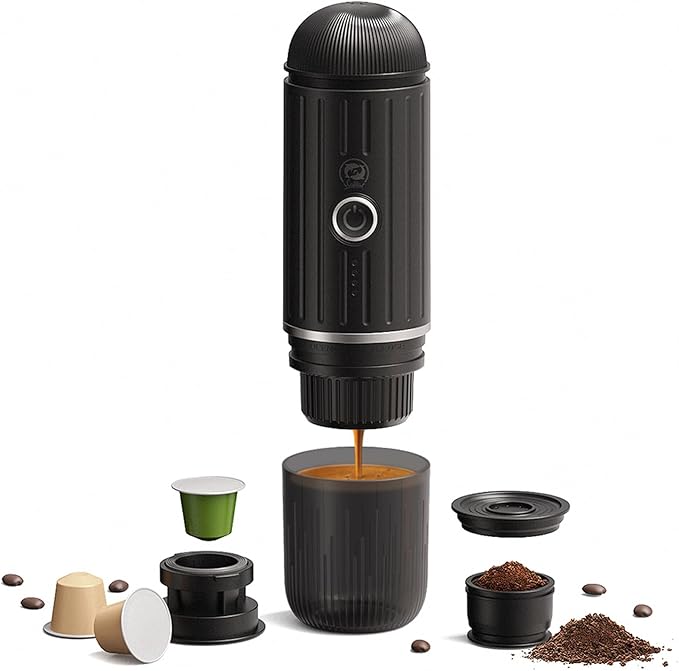 Portable Electric Espresso Machine, Travel Coffee Maker for Camping, Car Coffee Maker Self-Heating with USB-C, With Ground Coffee & NS Capsule for RV, Hiking, Office(Black)