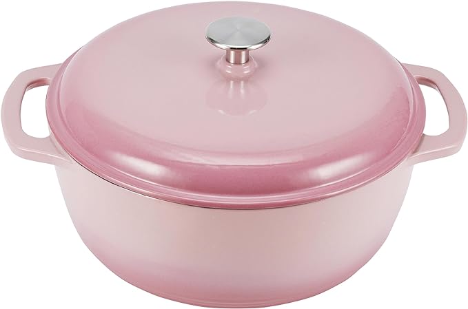 Amazon Basics Cast Iron Dutch Oven Pot with Lid, Enameled, Round, Dual Handles, Heavy-Duty, Medium, 6-Quart, Light Pink