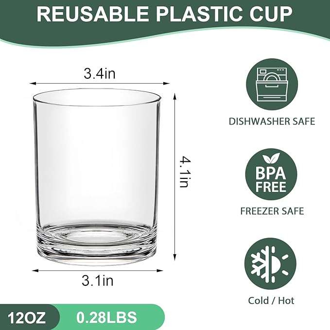 12 Oz Plastic Whiskey Glasses Set of 12, Unbreakable Old Fashioned Glass, Clear Plastic Cocktail Glasses, Plastic Tumblers Reusable Plastic Cups for Bourbon Juice,Dishwasher-safe, BPA-free