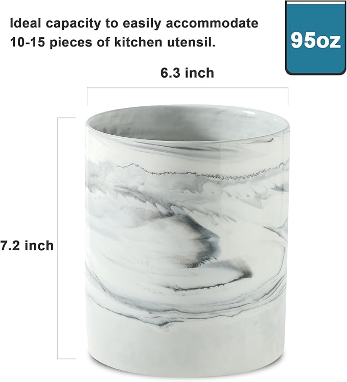 7.2 inch Large Utensil Holder for Kitchen Counter, Golden Marble Utensil Crock Spatula Holder for Countertop Cooking Tools Storage Caddy Farmhouse Kitchen Decor (Marble-Grey)