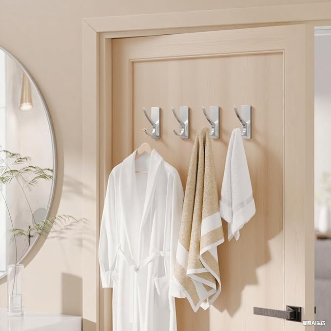 Self Adhesive Coat Hooks for Hanging: Heavy Duty Stainless Wall Hook for Towel, Backpack, Hat, Sturdy Metal Hanger for Bathroom, Bedroom, Door, Brushed Nickel, 6-Pack