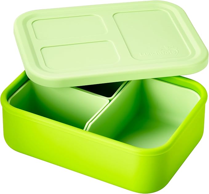 LunchBots Build -a- Bento Lunch Box, Silicone Bento Box for Kids, Multi-Compartment Lunch Container, Oven & Dishwasher Safe, BPA Free, 28 oz - Green