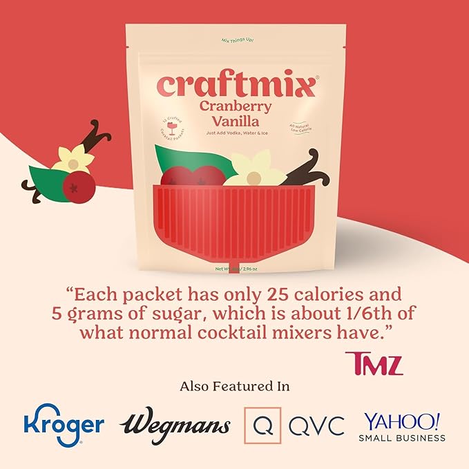 Craftmix Cranberry Vanilla Mix, Makes 12 Drinks, Cranberry Cocktail Mixer, Instant Skinny Cocktail and Mocktail Mix - With Real Fruit - Vegan Low Carb, Low Sugar, Non-GMO, Gluten Free, Easy to Mix