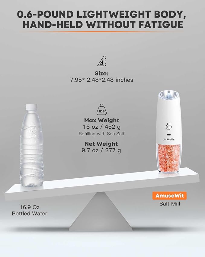 AmuseWit Gravity Electric Salt and Pepper Grinder Set [White Light] USB Rechargeable Automatic Pepper and Salt Mills,Adjustable Coarseness,One-Handed Operation, Snow White