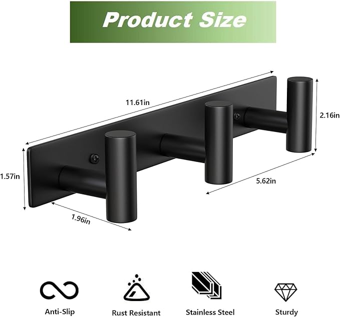 Coat Rack Wall Mounted with 3 Hooks,Heavy Duty Wall Hooks for Hanging Towel Coat Hat Bag, Metal Coat Hooks Hat Rack Coat Hanger Towel Hooks for Entryway Bathroom Kitchen (Black, 2 Packs)