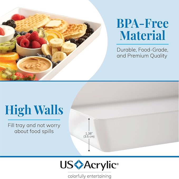 US Acrylic White Plastic Serving Trays (Set of 4) 15” x 10” | Large Unbreakable Reusable Rectangular Party Platters | Serve Appetizers, Fruit, Veggies, & Desserts | BPA-Free & Made in USA