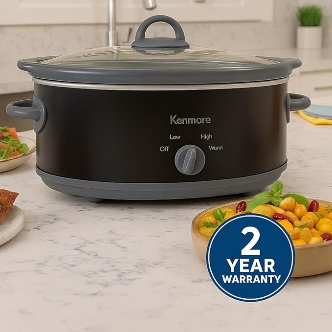 Kenmore Slow Cooker - 5 Lb Chicken 3 Lb Roast Mini Crock Pot With Glass Lid, Stainless Steel Electric Cookers, Warm Rice & Sous Vide Stew, Soup, Lunch, Dishwaher Safe Non-Stick Ceramic Insert, 5 Quart