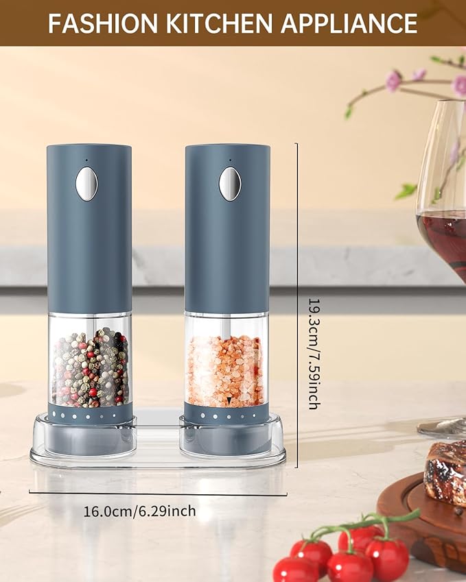 CIRCLE JOY Electric Salt and Pepper Grinder Set Rechargeable Salt and Pepper Mills with Storage Base, Adjustable Coarseness and LED White Light, Washable 95ml Container, Blue