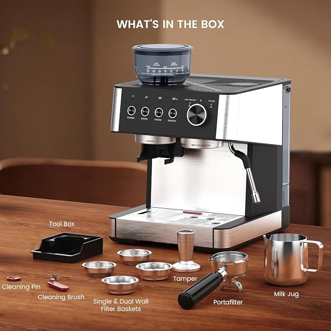 Joy Pebble Espresso Machine,Stainless Steel 15 Bar Semi-Automatic Expresso Coffee Machines, Featuring a Milk Frother,Steam Wand.Removable Water Tank, Cappuccino & Latte Machine for Home