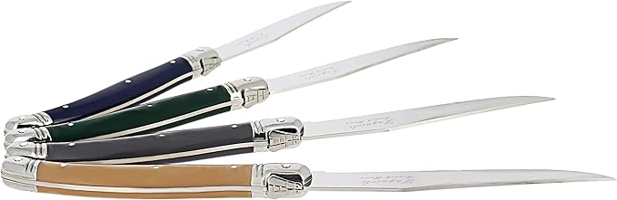 French Home Laguiole 4-Piece Steak Knife Set – Sophisticated Stainless Steel Dinner Knives with Earth Toned Handles & Iconic Bee Emblem – Serrated Knives for Smooth Cutting (9.25")