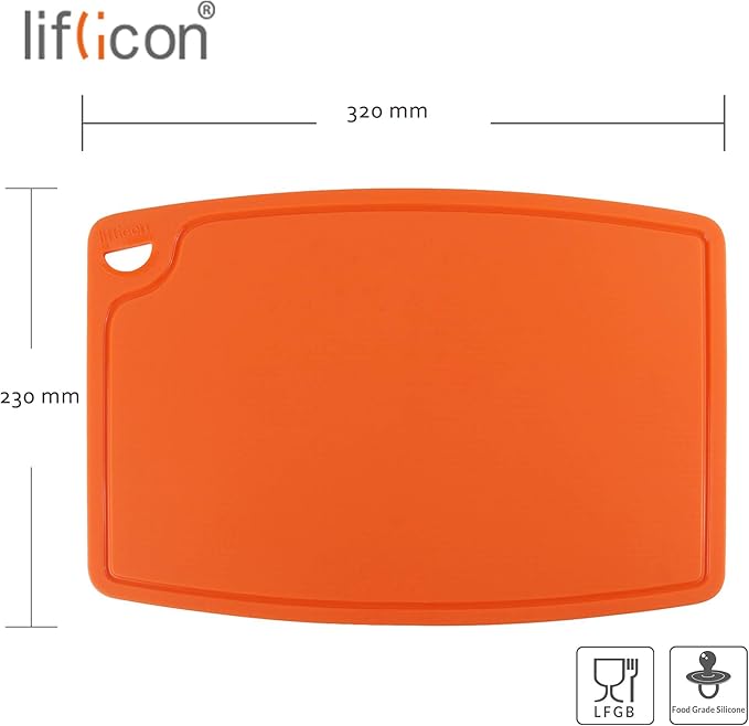 Thick Silicone Cutting Board 12.6'' x 9.1'' Juice Grooves Easy Grip Handle Dishwasher Safe-Orange
