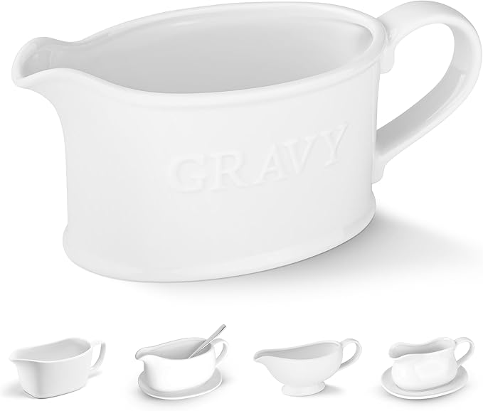 Kook Ceramic Gravy Boat, Serving Dispenser, Porcelain Pitcher for Sauces, Dressings and Creamer, Large Handle, Microwave and Dishwasher Safe, 18 oz, White