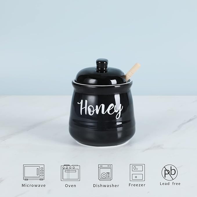 HAOTOP Farmhouse Porcelain Honey Jar with Dipper and Lid Set 12oz,Easy to Clean (Black)