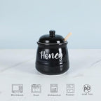 HAOTOP Farmhouse Porcelain Honey Jar with Dipper and Lid Set 12oz,Easy to Clean (Black)