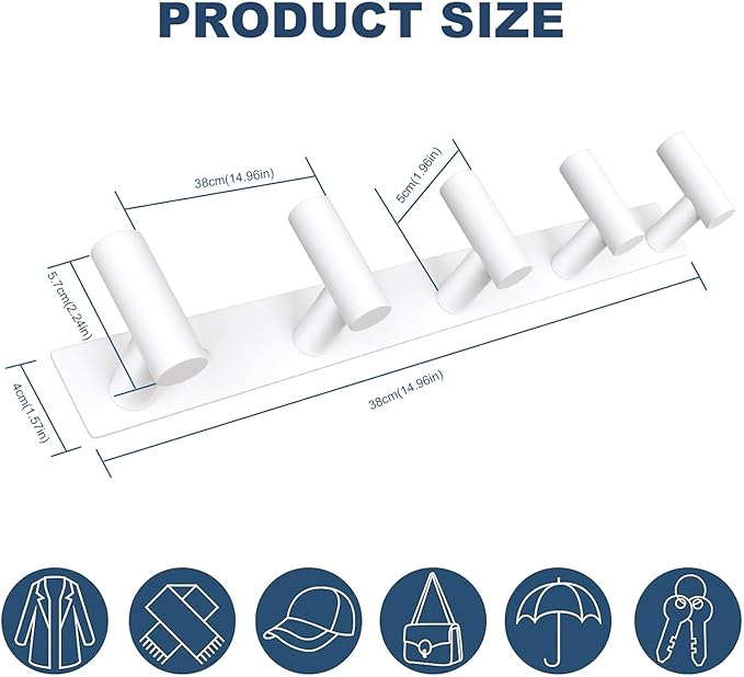 VAEHOLD Hat and Coat Wall Mount Rack - Hooks for Robes, Bags, Keys, and Towels - Bathroom Towel Hanger Organizer (White, “T“ Shape 5 Hooks 2 Pack)