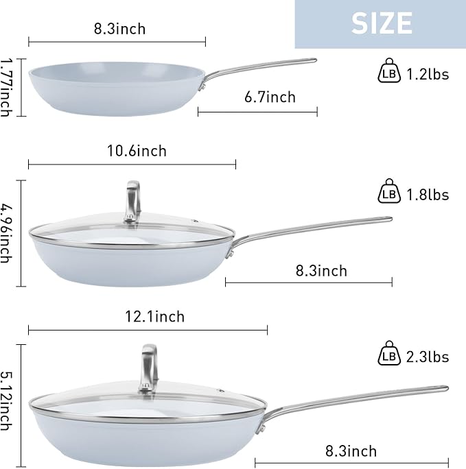 MsMk 5-Piece Ceramic Non Stick Pans Set 8, 10, 12 Inch Frying Pans, 10inch and 12 Inch with Tempered Glass Lids, Stay-Cool Handles, Oven Safe 700℉, Compatible with All Cooktops