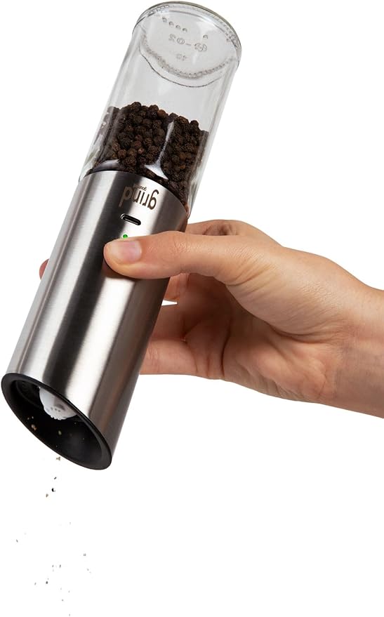 Grind Gourmet Automatic Electric Salt or Pepper Grinder Mill, USB Rechargeable, Adjustable Coarseness, One-Handed Operation, Stainless Steel