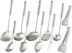 18/10 Stainless Steel Kitchen Utensils Set - 15” All Metal Cooking Tools, 11PCS - 2 Tongs, Fork, Solid Spoon, Slotted Spoon, Spatula, Soup Ladle, Skimmer, Slotted Spatula, Spaghetti Spoon, Large Spoon