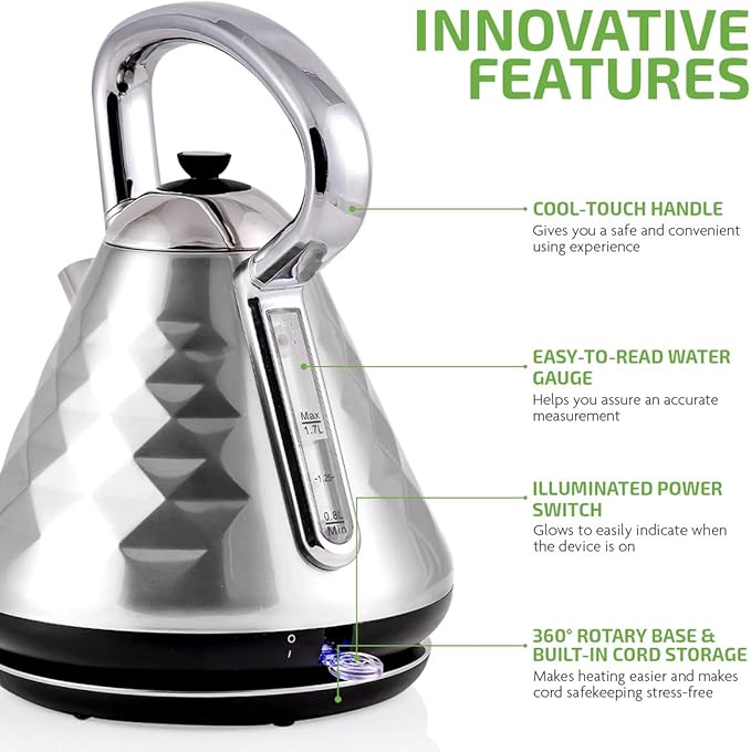 OVENTE Retro Electric Kettle, 1.7L Stainless Steel Tea Kettle, 1500W Fast Heating Hot Water Boiler with LED Indicator Light, Auto Shut-Off & Boil-Dry Protection, BPA-Free Teapot, Silver KS755BR