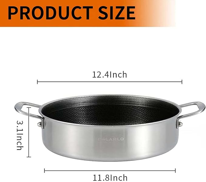 DELARLO Tri-Ply Stainless Steel 5.5QT Saute Pan With Lid Nonstick 12 Inch Deep Frying Pan Double handle, Induction Large Skillet Cooker Pan Dishwasher & Oven Safe