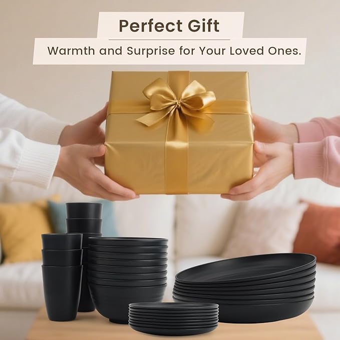 Homienly Wheat Straw Plates and Bowls Sets, Dishes Set for 8, Wheat Straw Dinnerware Set for Kitchen 32-Piece - Deep Plates Sets, Cereal Bowls with Drinking Cups, Microwave and Dishwasher Safe, Black