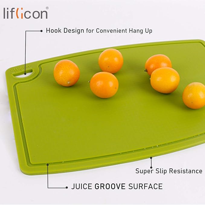 Thick Silicone Cutting Board 12.6'' x 9.1'' Juice Grooves Easy Grip Handle Dishwasher Safe-Green