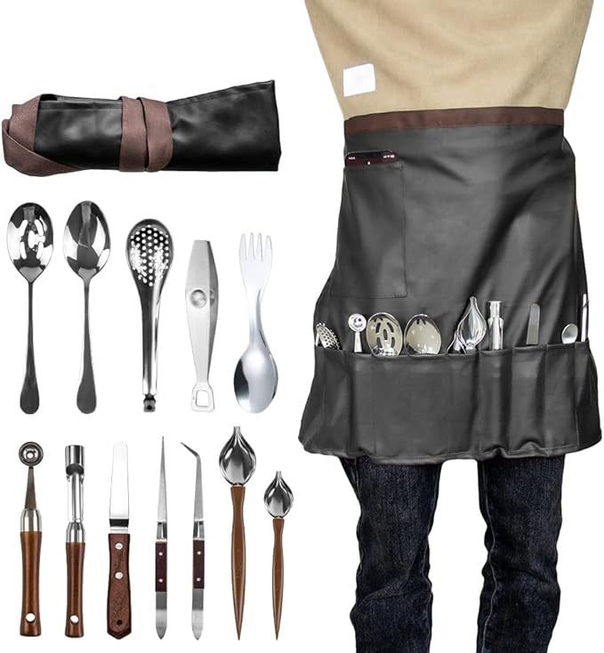 DUEBEL Professional Chef Plating Kit with Apron, 13 Piece Culinary Plating Set, Stainless Steel Plating Tool for Restaurant Plating, Home Cooking and Catering Event(Black)