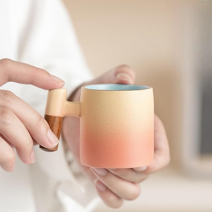 2-Oz Ceramic Espresso Cups with Wood Handle, 2/4-Piece Set for Coffee, Tea, Latte - Dishwasher Safe, Multi-Color & Wood Styles, Gift & Café Use (pink, Wooden Handle2)