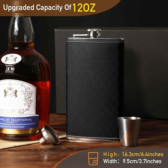 Flask For Men,350ml/12oz Hip Flask, 304 Food Grade Stainless Steel,2 Cups And Funnel Portable Gift Bbox For Whiskey Rum Groomsman Best Man Usher Wedding-Leather Rhomboid Stripe Black