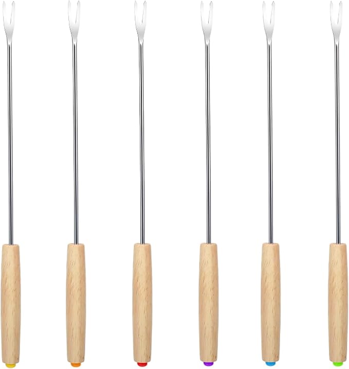 ZukoCert 6Pcs Stainless Steel Fondue Forks, Color-Coded 9.5 Inch Fondue Sticks with Wooden Handle, Heat Resistant Skewers for Cheese, Chocolate Fountain, Roast Marshmallows, Fruits